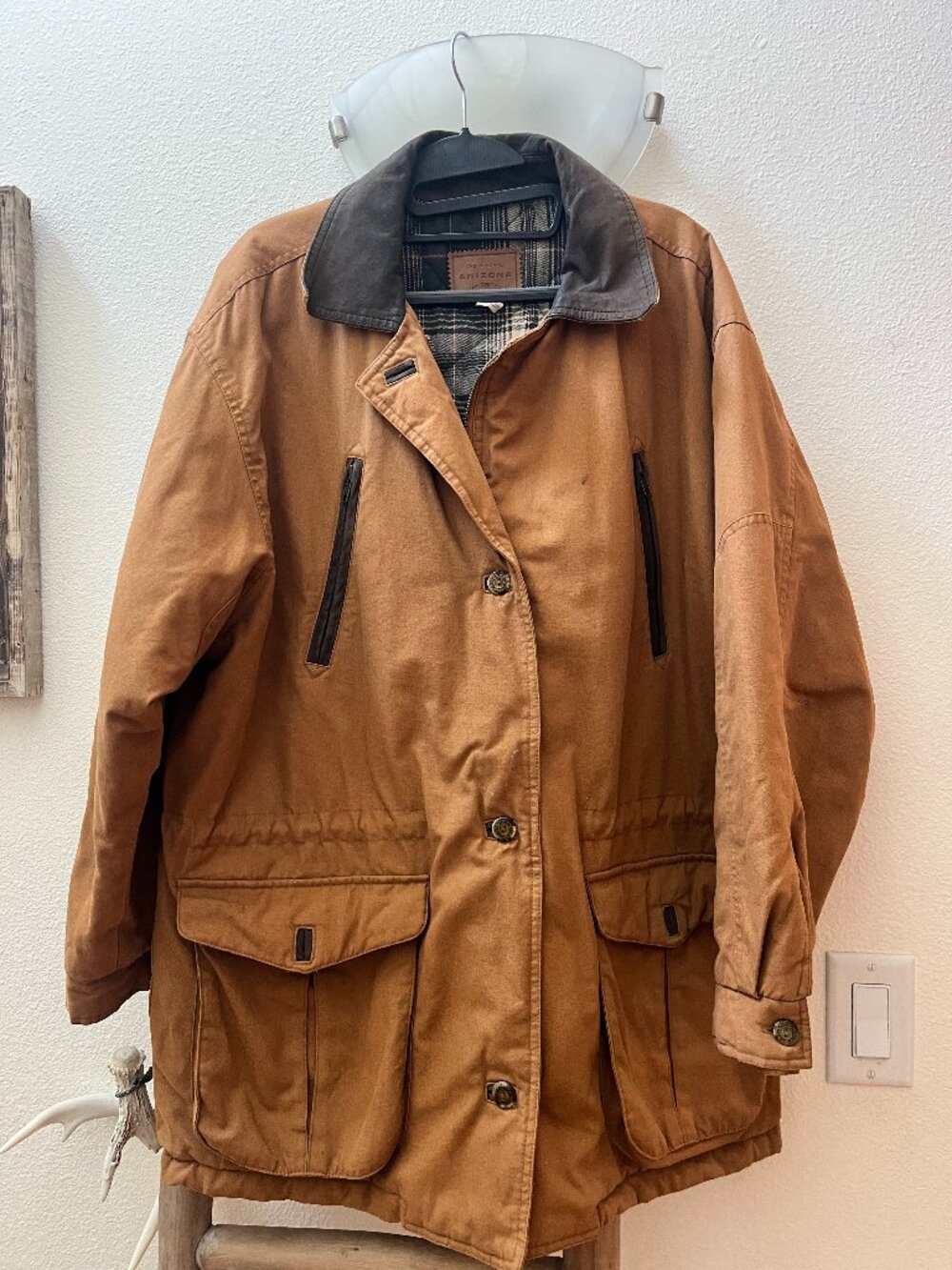Vintage 90s Arizona Jean Company- Brown Canvas Barn Workwear Coat- Plaid Lined-
